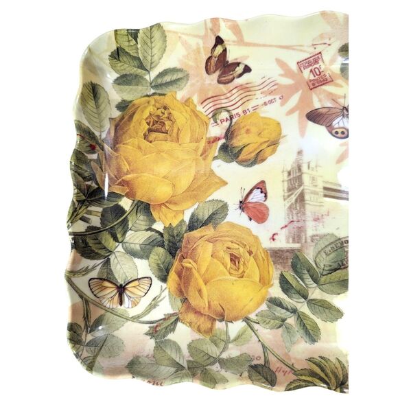 Yellow Rose Butterfly Serving Tray Platter French Postage Stamp Melamine NEW - Picture 3 of 5